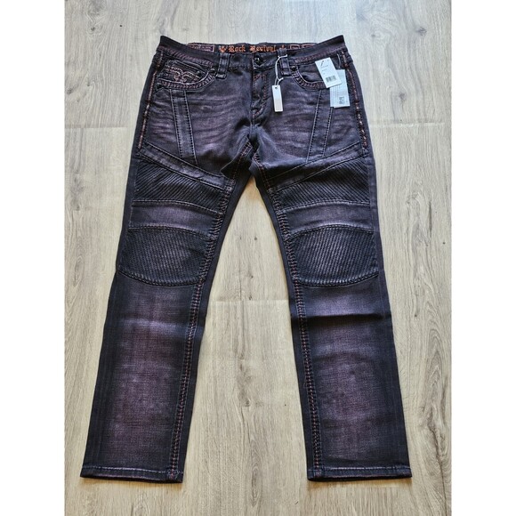 NEW W/TAGS ROCK REVIVAL SKYLARK BIKER SZ 36W×32L EMBROIDERED BURGUNDY JEANS